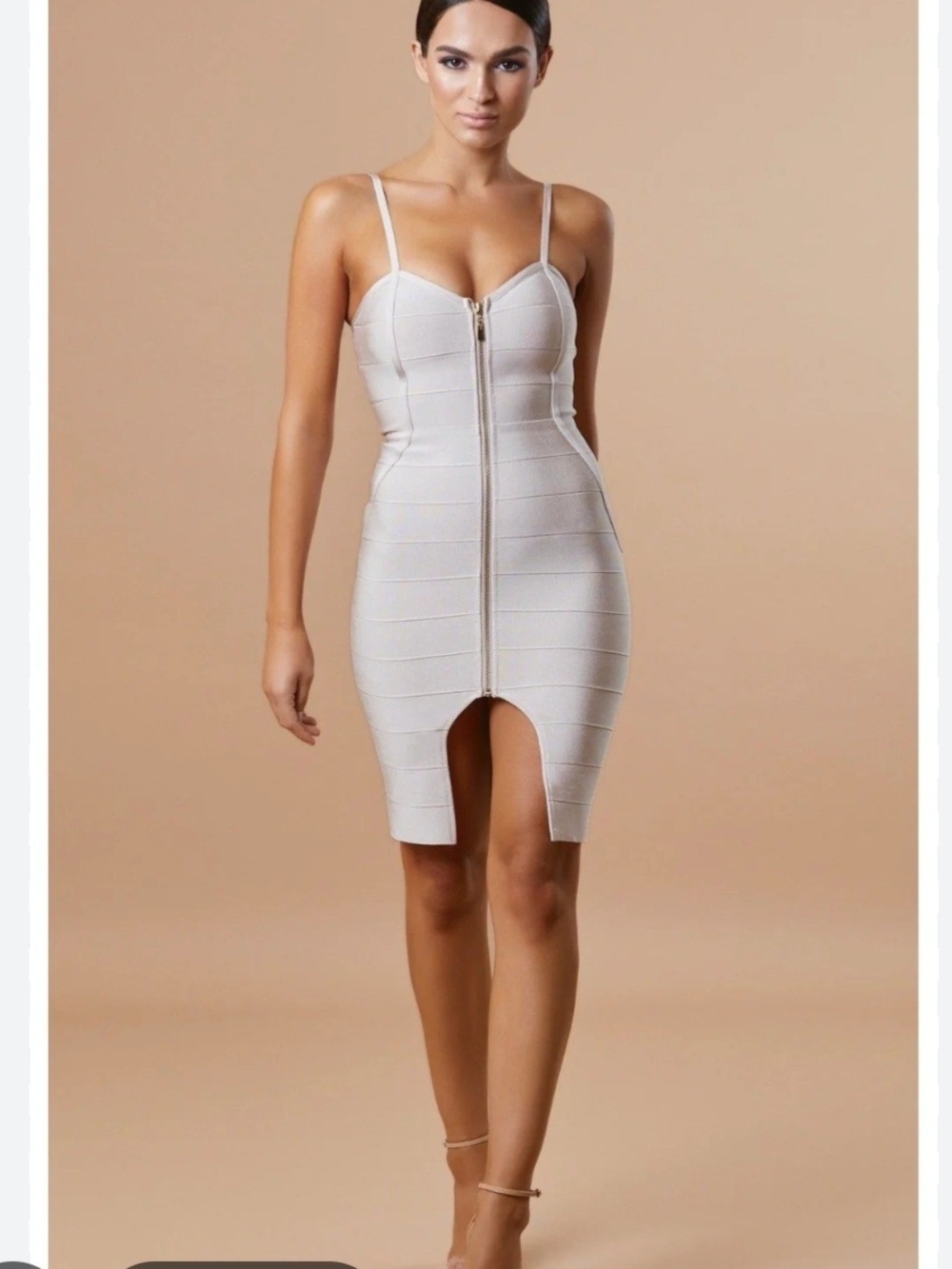 NWT Zip-Front Midi Bodycon Dress in Light Beige